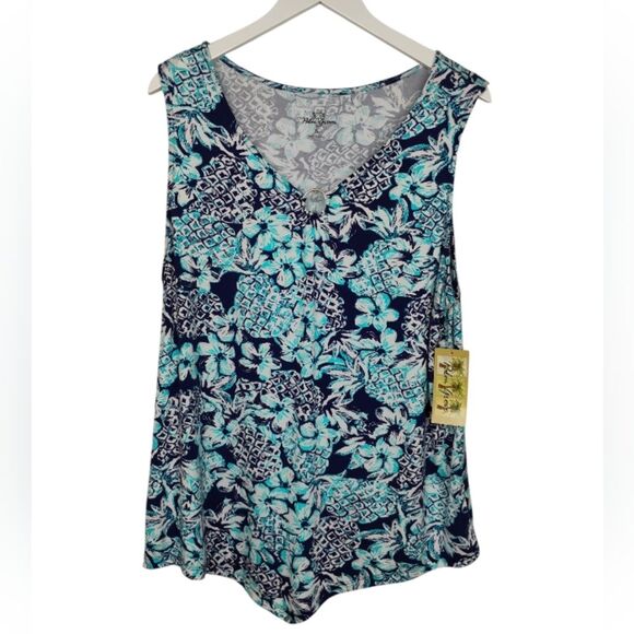 Palm Grove Floral Sleeveless Top Blue and White size XL NWT - Picture 1 of 12